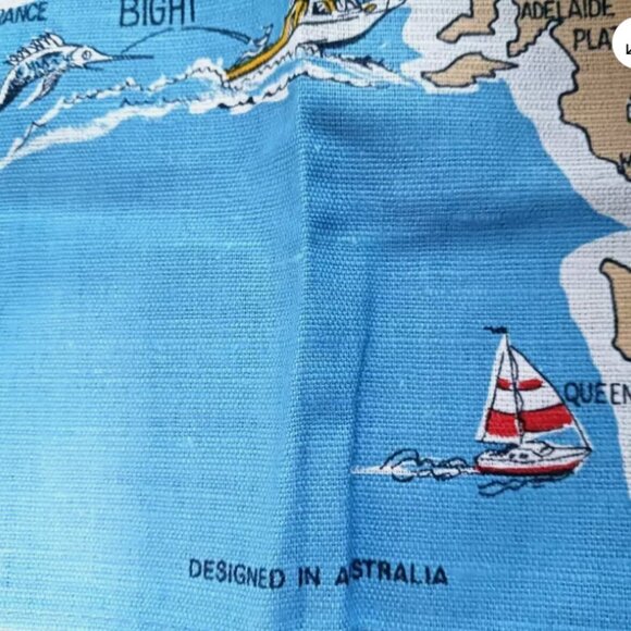 Vintage Australia Map Hand Printed Tea Towel Linen / Cotton 31x18.5 inches - Picture 3 of 7